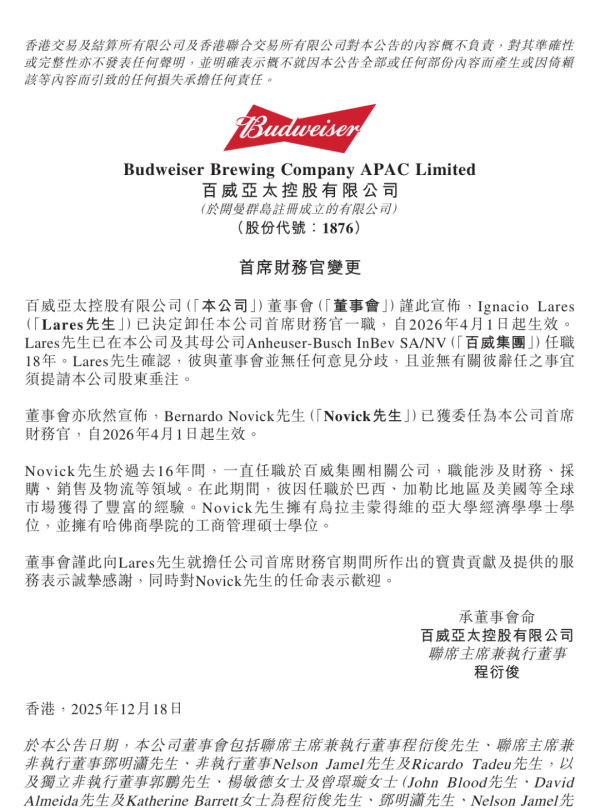 配资论坛平台查询 刚刚！百威变更CFO，前任42岁，已在百威集团工作18年
