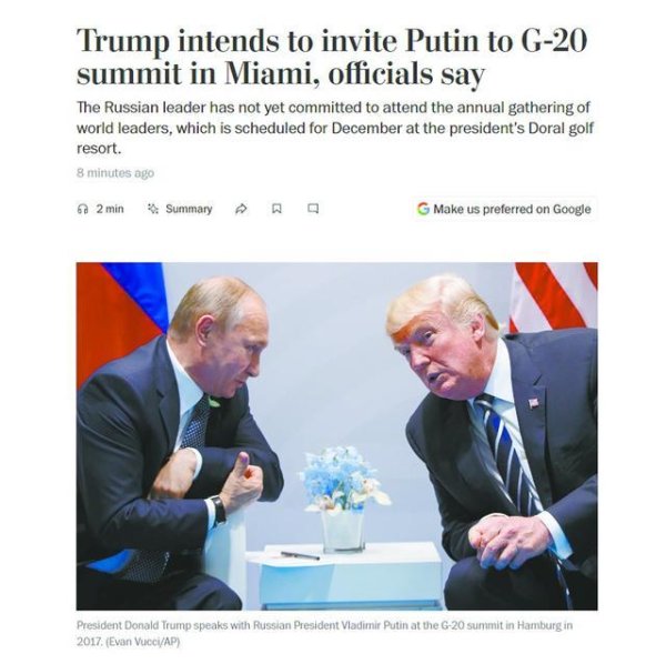 股票配资讯 美媒：白宫拟邀普京出席G20峰会